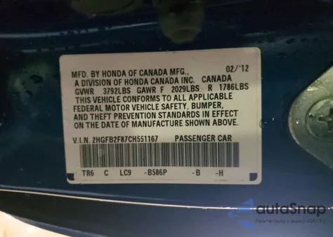 2012 Honda Civic Ex из США, поврежденный, VIN 2HGFB2F87CH551167